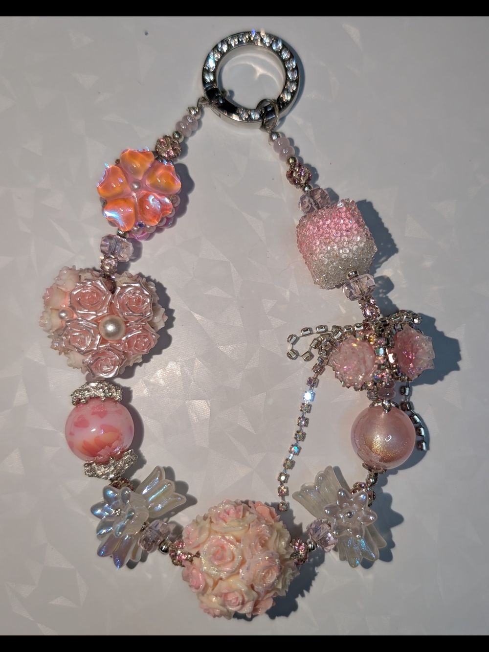 Pink Floral Charm Keychain with Pearl Accents